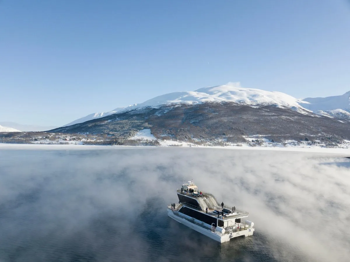 Cruise vessel surrounded by low mist