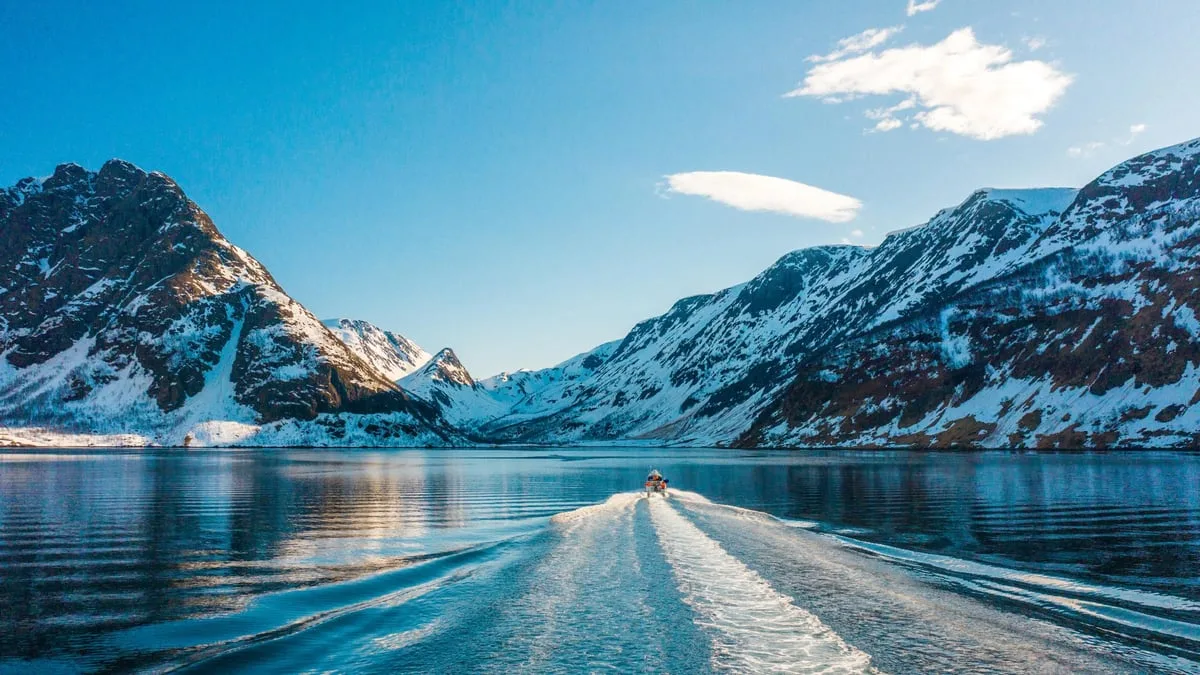 Boat wake through a snowy fjord